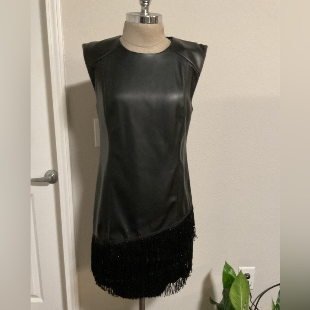 DKNY Beaded Fringe Faux Leather Shift Dress 🖤 NWT